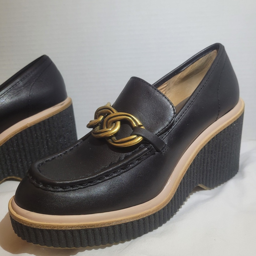 Dolce Vita Black Leather Platform Loafers with Gold Chain